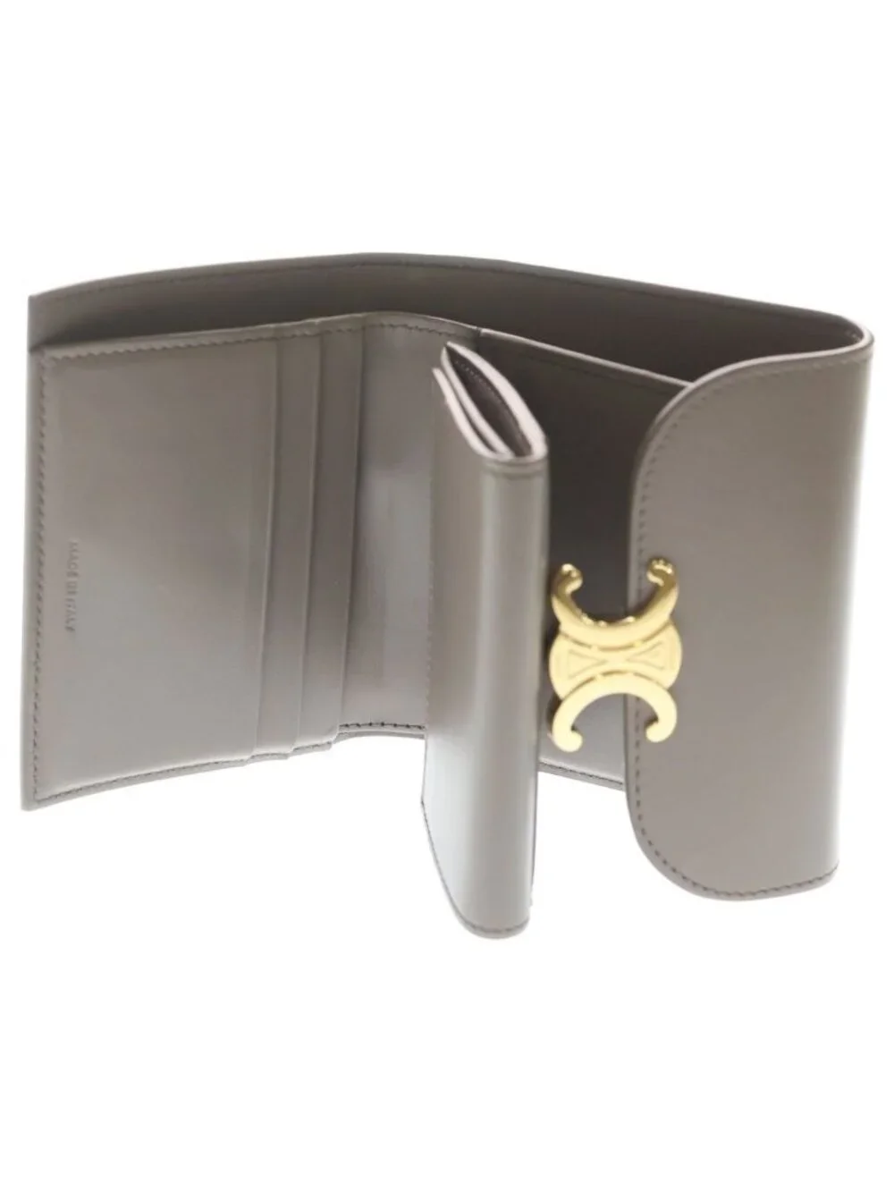 Celine Triomphe Small Flap Wallet Compact Trifold Gray Leather Gold